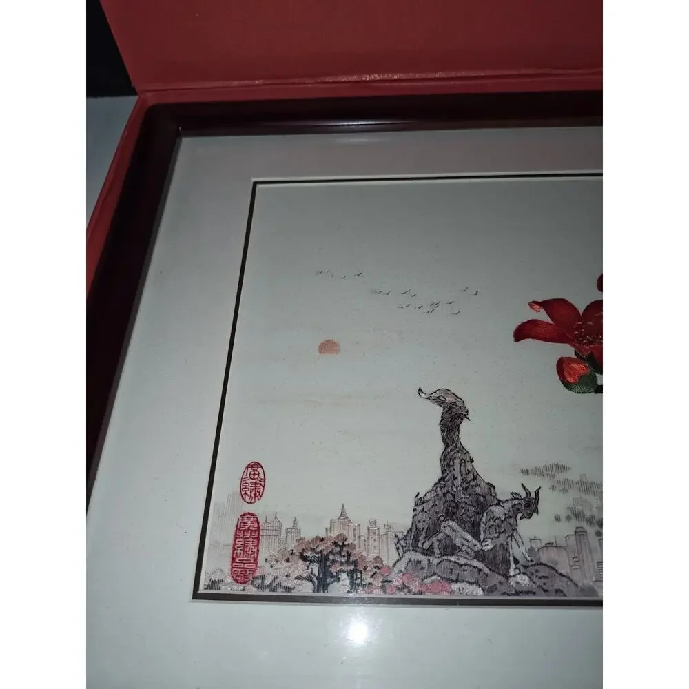 Cantonese Embroidery Kapok Silk Cotton Of South China Red Flowers Framed Decor